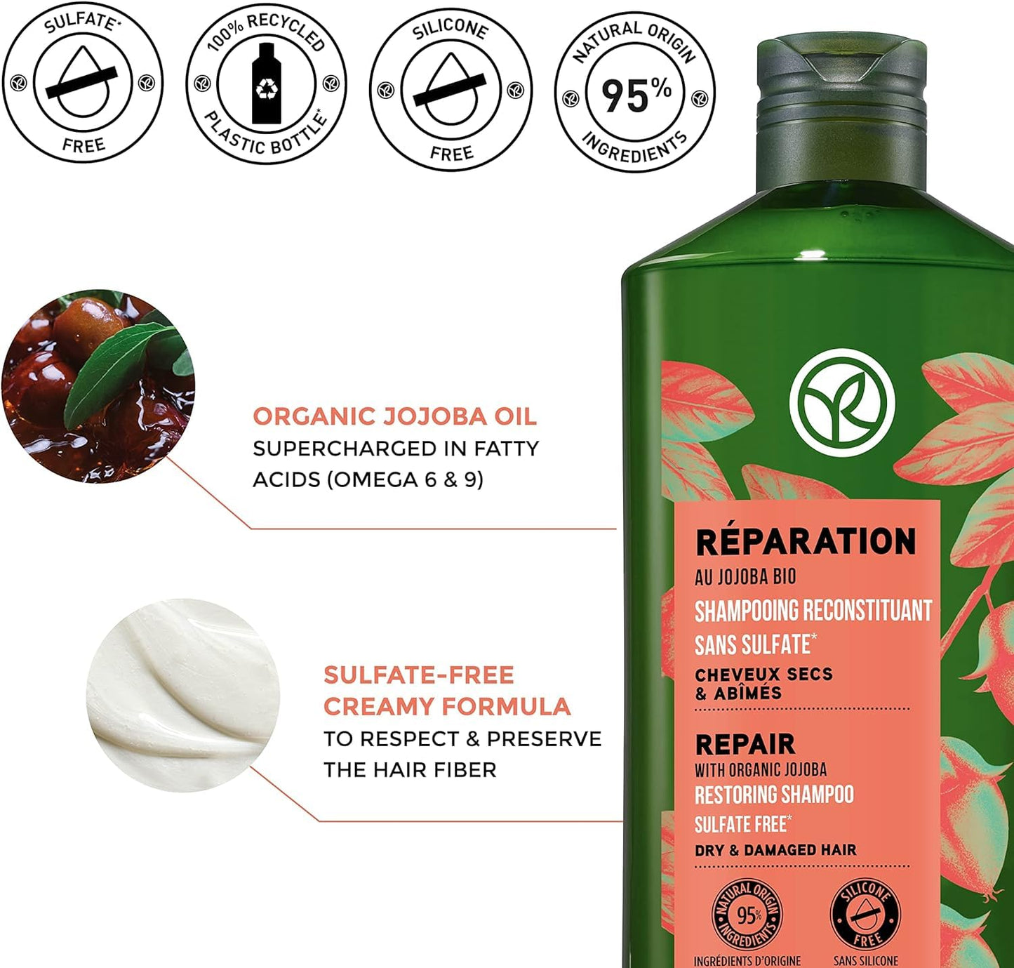 Yves Rocher Repair Shampoo & Conditioner Set, Jojoba Oil Enriched, Nourishing Restoring Duo for Dry, Damaged, Brittle Hair, Silicone-Free Gentle Care, 300ml Shampoo + 200ml Conditioner