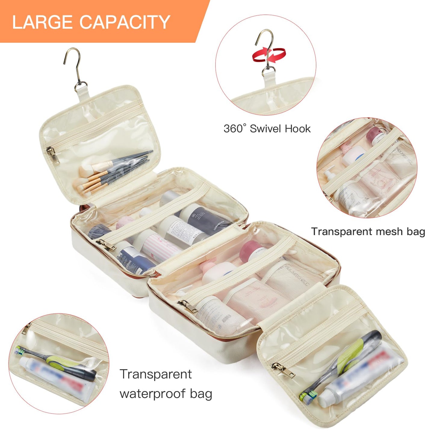 Telena Travel Toiletry Bag for Women with Hanging Hook, Water-resistant Cosmetic Bag Travel Organizer for Accessories, Toiletries, Shampoo