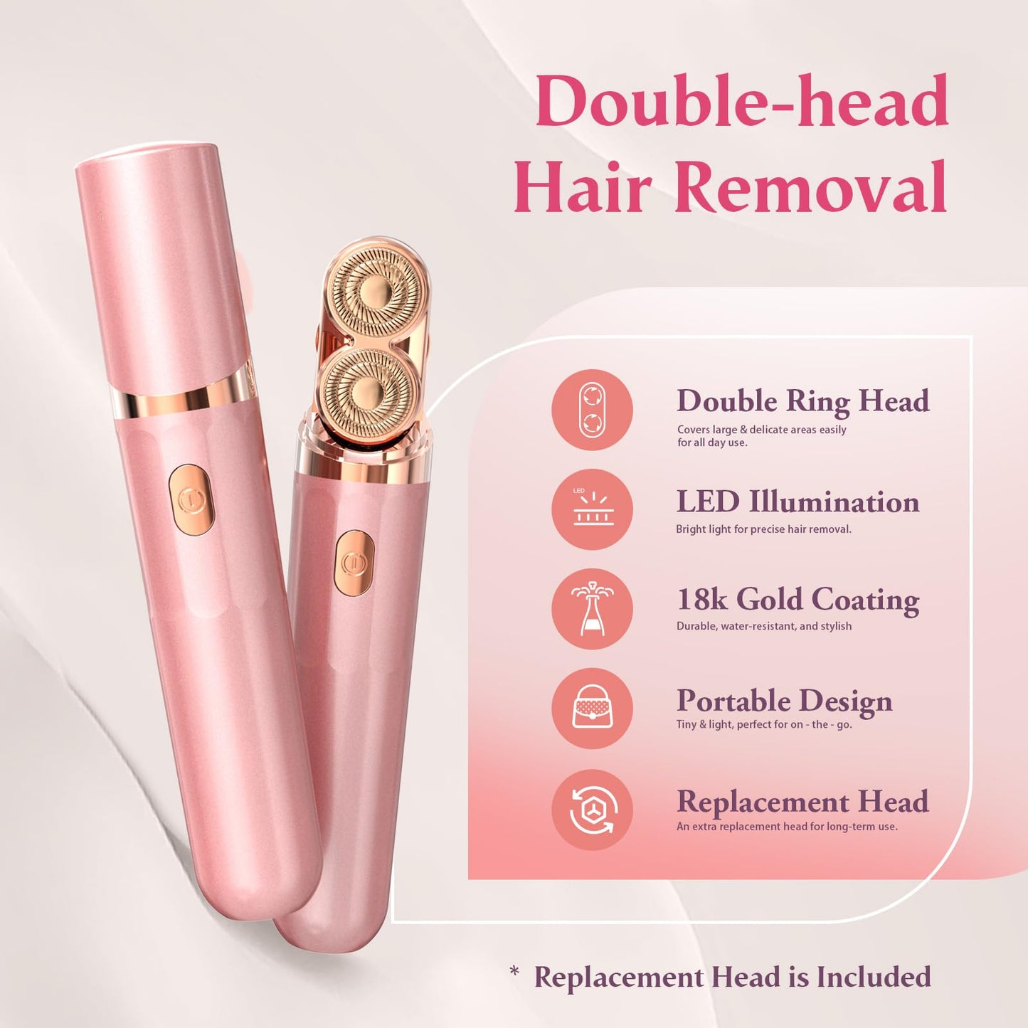 Facial Hair Remover for Women | Dual-Head Face Shaver Electric Hair Removal Device for Face,Lip, Chin | 2 Replacement Heads