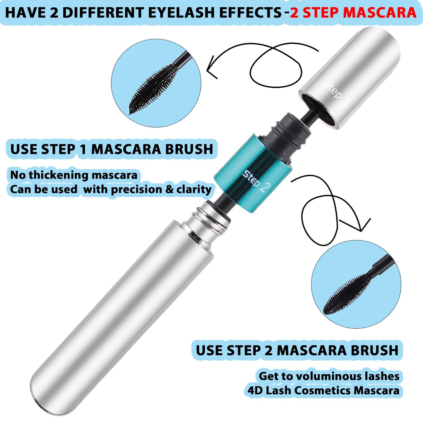 2 Pack 2 in 1 QIC 5x Longer Washable Black Mascara, 4D Silk Fiber Lash 2 Step, No Clumping, Long-lasting Waterproof Lash Cosmetics Beauty Eye Makeup