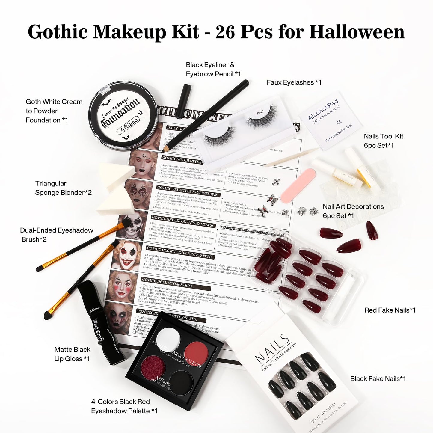 Goth Makeup Kit – Complete Gothic Make up Set for Vampire, Witch, Clown, Emo, Grunge, Theater, Halloween SFX with White Foundation, Red Eyeshadow Palette, Black Lipstick, Eyelashes, Eyeliner, Nails