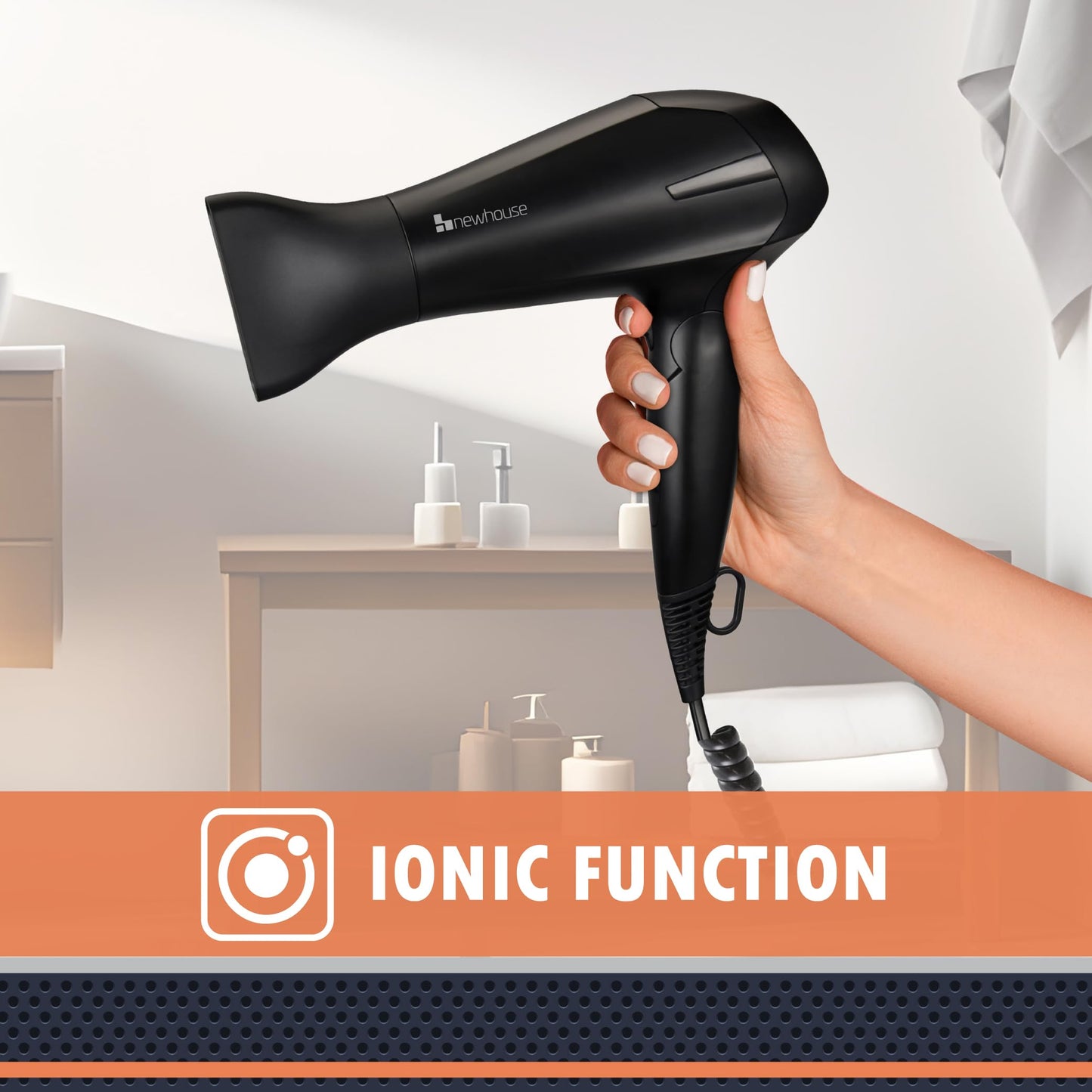 Newhouse 125V 1875-Watt Foldable Hair Dryer with Spiral Cord NHHD-001-FS, Compact Foldable Hair Blow Dryer, Low-Noise Ionic Hair Dryer, ETL Certified for Hospitality and Residential Use