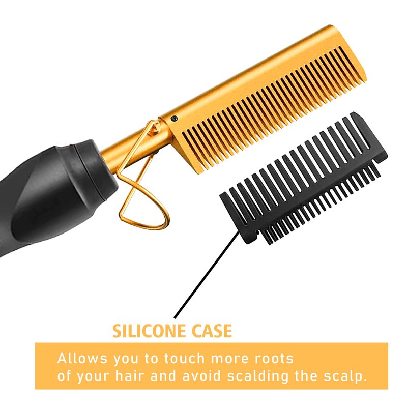 Diamond Electric Adjustable Temperature Hair Straightener Brush Set for Wigs and Natural Black Hair (Gold)
