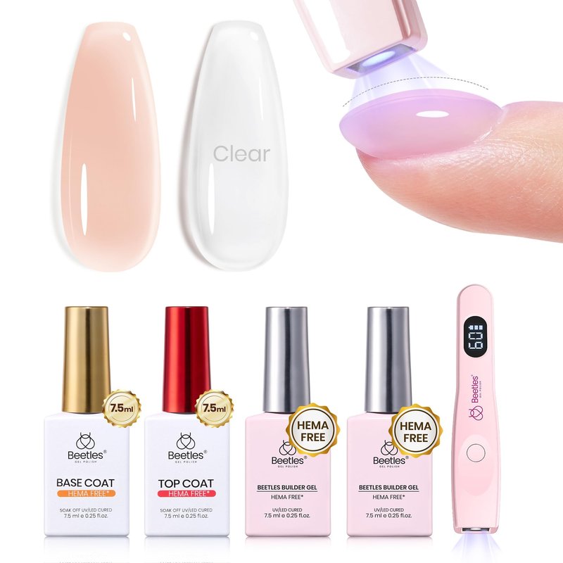 Beetles Builder Gel Nails Kit HEMA Free & Handheld Nail Lamp,8 in 1 Clear Natural Nude Building Gel with Base Top Coat,for Thickening Strengthening Building Apex for Beginner DIY Salon at Home Gifts