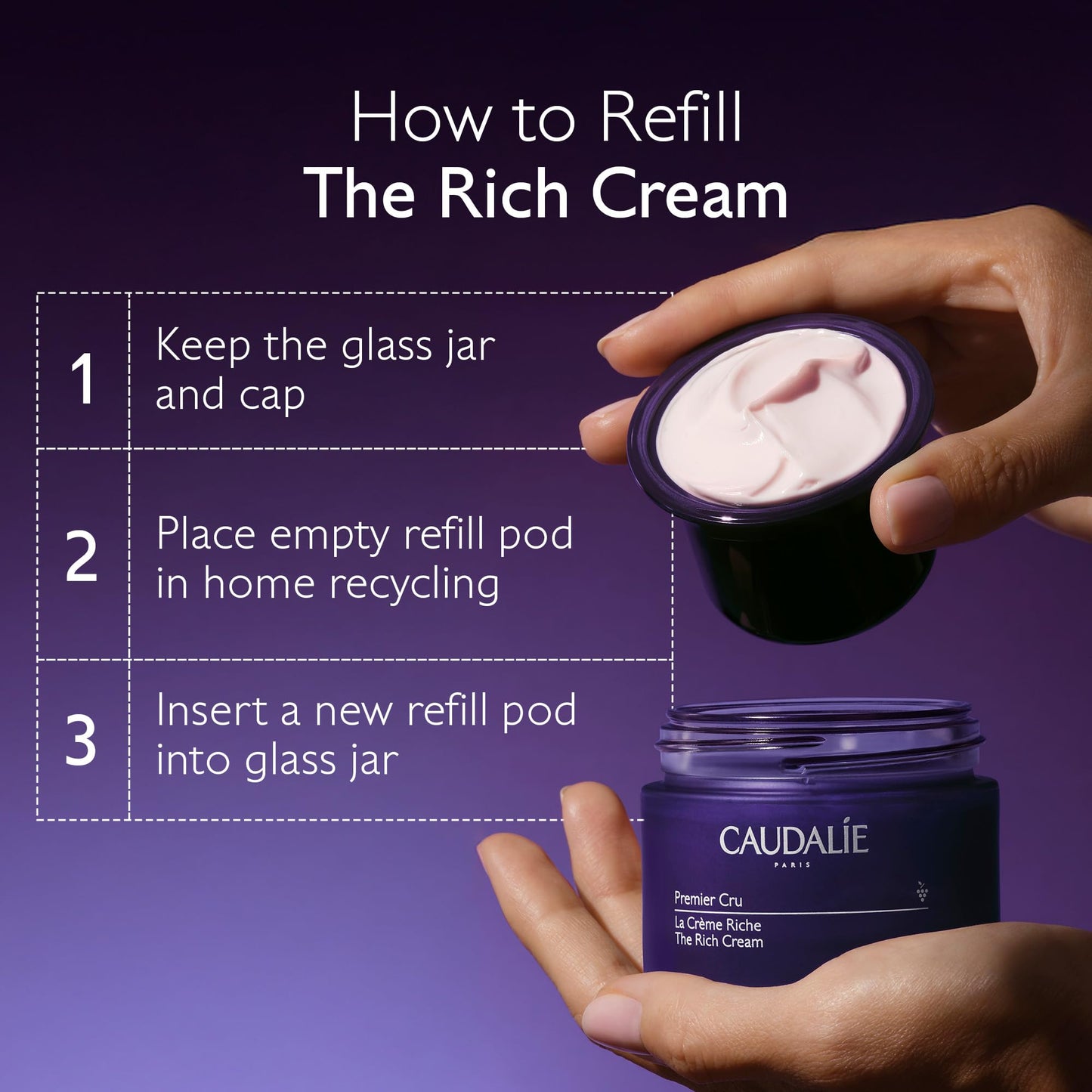 Caudalie Premier Cru The Rich Cream, Skin Barrier Repairing Moisturizer with Ceramides, Refillable Jar - 50 mL Rich Cream and 50 mL Refill Pod