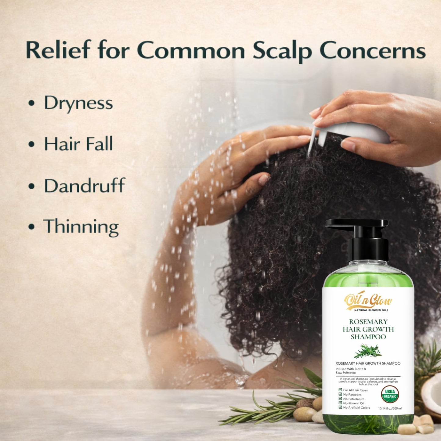 OilnGlow USDA Organic Rosemary Shampoo For Hair Growth For Thickening & Strengthening for Men & Women with Biotin, Scalp DHT Blocker Saw Palmetto For Thinning Hair Loss 10 Fl. Oz- Fragrance Free