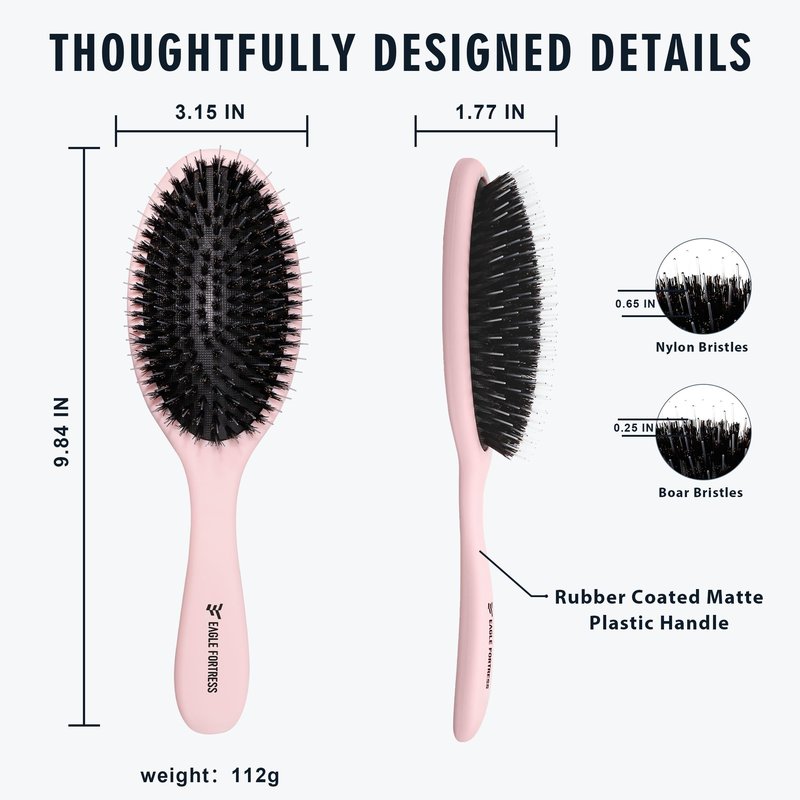 EAGLE FORTRESS Boar Bristle Hair Brush for Women, Men & Kids, Detangling Hair Brushes for Thick, Thinning, Dry or Wet Hair with Nylon Pins, Smooth & Shine Hair Brush for Extensions – Pink