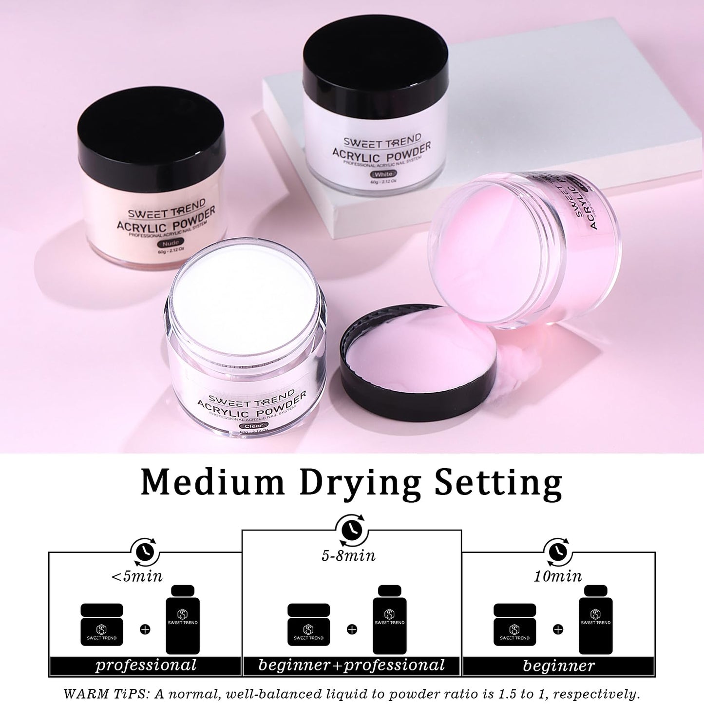 Acrylic Nail Kit with Drill: 20g Clear White Pink Acrylic Powder and Liquid