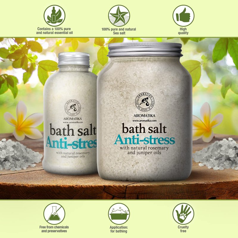 De-Stress Bath Salt 46 Oz - 100% Natural & Pure Salt Essential Oils Rosemary & Juniper - Best for Good Sleep - Relaxing - Calming - Body Care - Beauty - Aromatherapy - Stress Relief