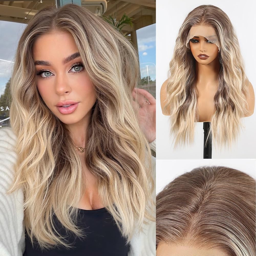 HAIRCUBE Glueless Synthetic Lace Front Wig, 18 Inch Ombre Blonde Hightlight Curly Wigs, Put on Go Layered Wigs for Women Daily Use