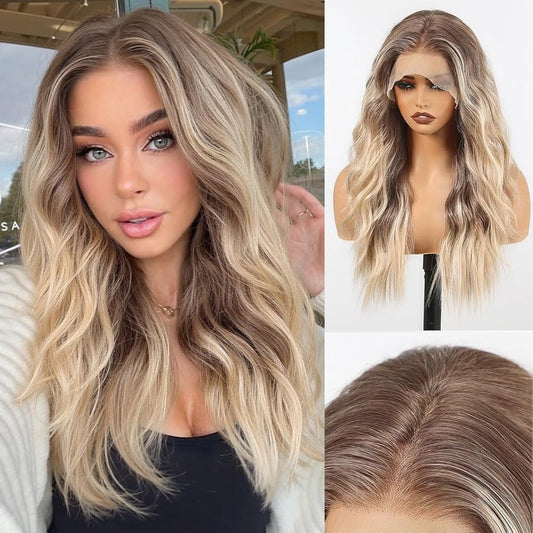 HAIRCUBE Glueless Synthetic Lace Front Wig, 18 Inch Ombre Blonde Hightlight Curly Wigs, Put on Go Layered Wigs for Women Daily Use