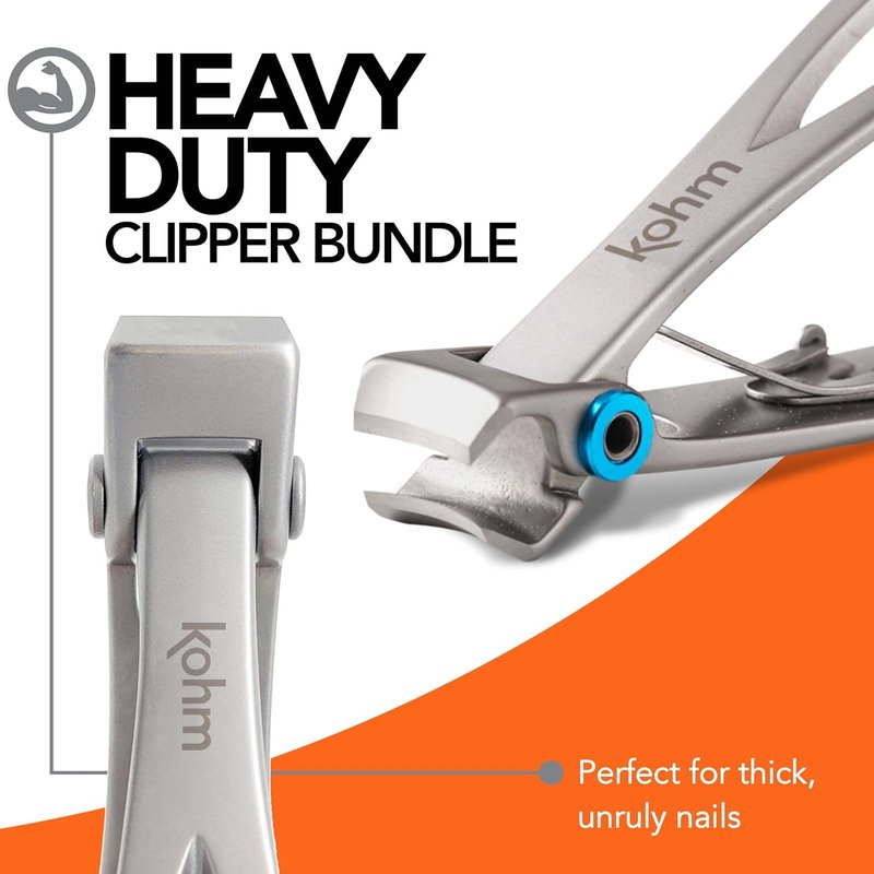 KOHM Nail Clippers Set - Heavy-Duty Wide Mouth Clippers for Thick Nails | Professional Silver Fingernail & Toenail Care