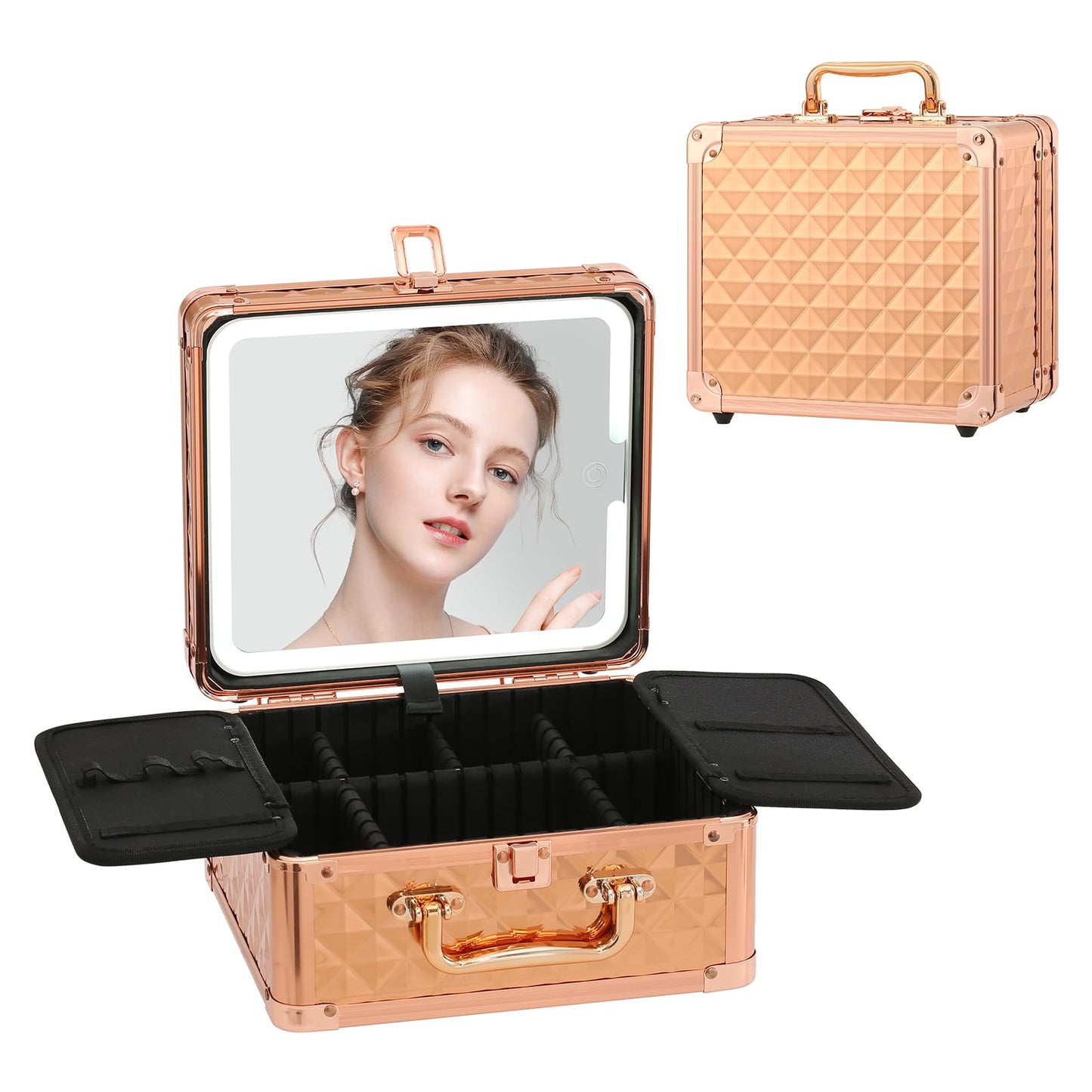 Leeora&Leekoo Makeup Box with Lighted Mirror,Portable Makeup Train Case Organizer (Rose Gold)