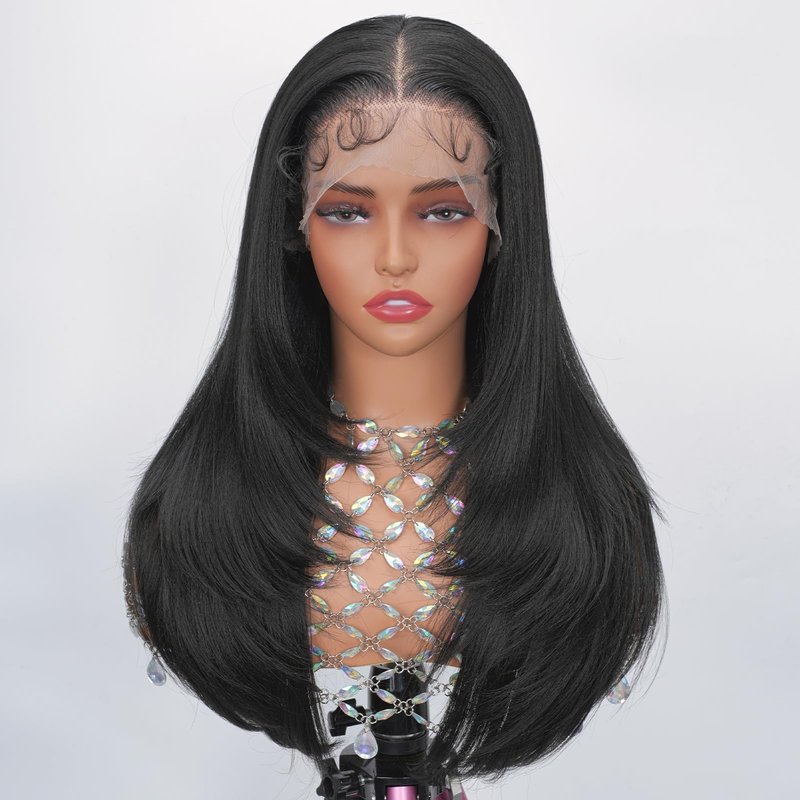 Looxey Lace Front Wigs for Black Women 13X6 Long Layered Straight Wig with Baby Hair Synthetic Hair Soft As Human Hair 24 Inch 1B Black Pre Plucked Bleached Knots Glueless Wig (Black)