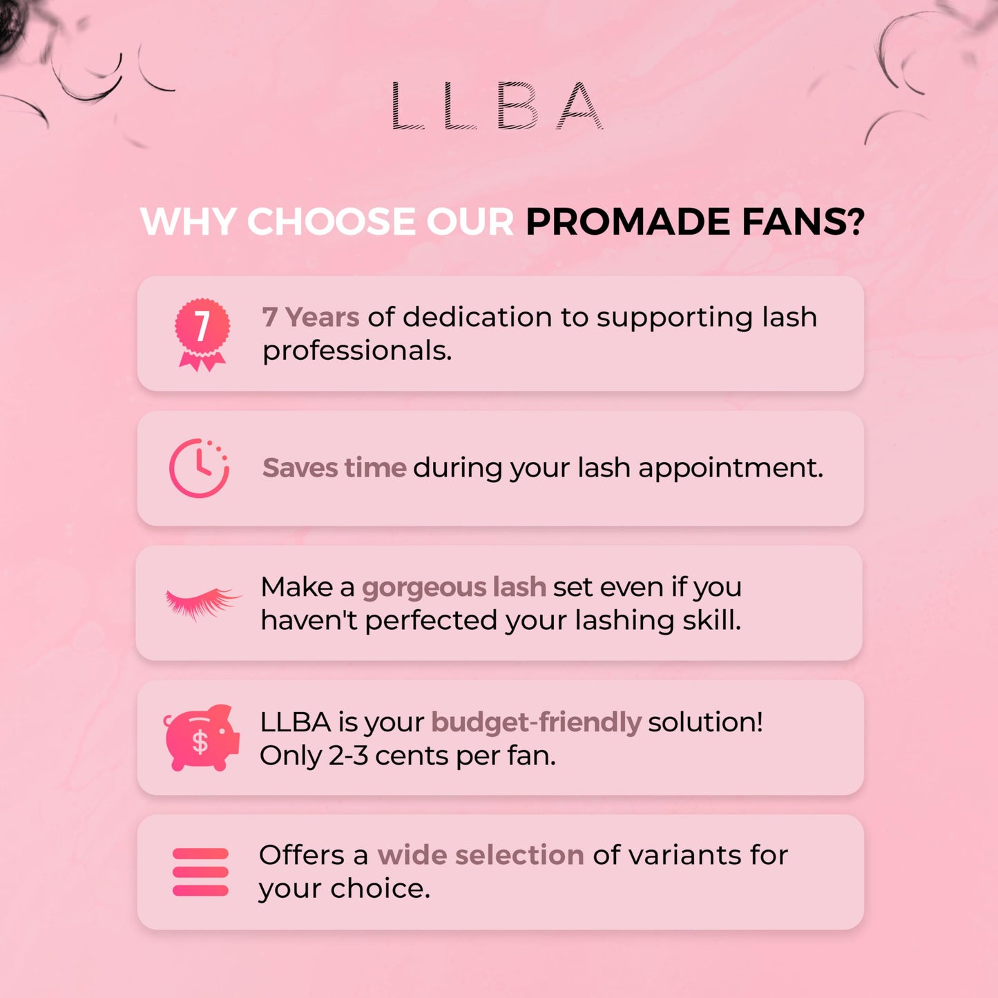 LLBA Promade Fans | Handmade Volume Eyelashes | Multi Selections From 3D To 16D | C CC D DD L M Curl | Thickness 0.03 ~ 0.1 mm | 8 - 20mm Length | Long Lasting | Easy Application (7D-0.05 D 10 mm)