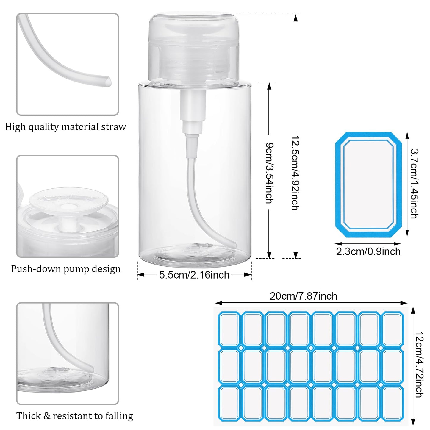 Zhehao 24 Pcs Push Down Pump Dispenser Nail Polish Remover Pump Lockable Empty Bottle Refillable Clear Cosmetic Container with Label for Liquid Acetone Nail Polish and Makeup Remover, 6.8 oz/ 200 ml