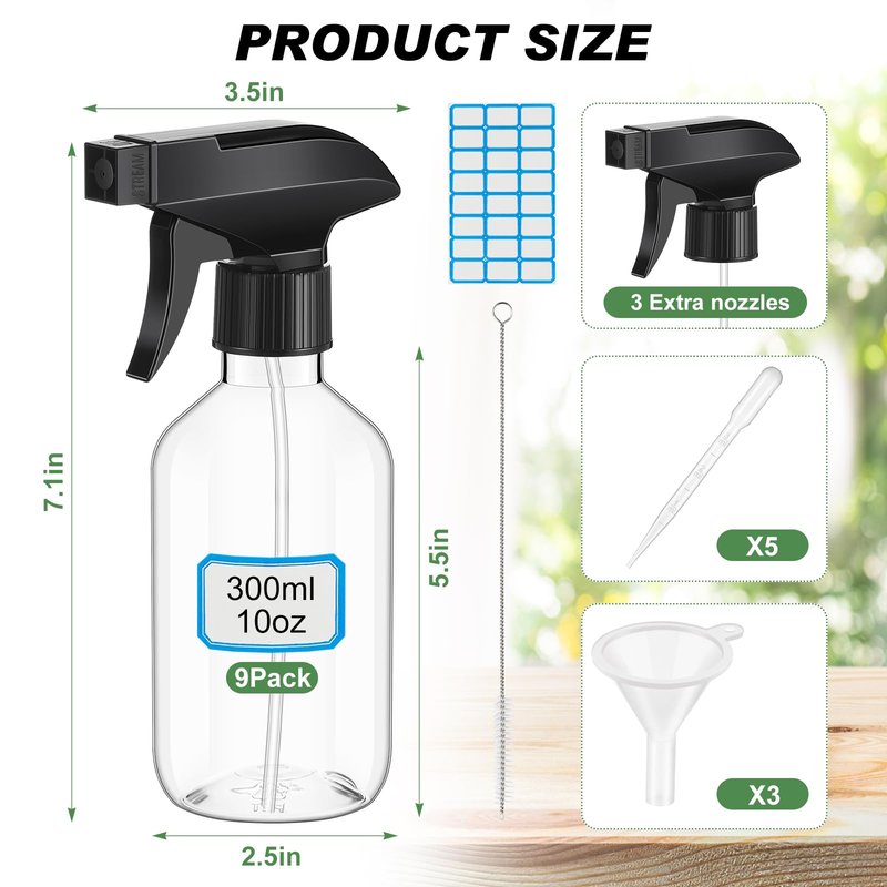 LOYIM 9 Pack 10oz/300ml Plastic Spray Bottle Bulk for Plant Small Spray Bottle Fine Mist Water Sprayer Upgraded Adjustable Nozzle Refillable Empty Containers for Cleaning, Hair, Cooking(Clear)