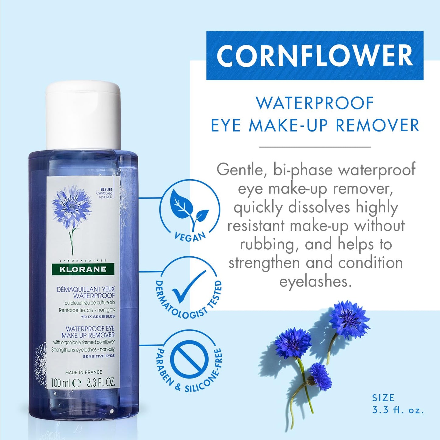 Klorane - Waterproof Eye Makeup Remover With Organically Farmed Cornflower - Sensitive Skin Approved -Fragrance Free & Paraben-Free - Vegan - 3.4 fl. oz.