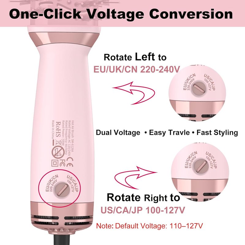 Travel Dual Voltage Hot Air Brush - 4 in 1 Mini Hair Dryer & Volumizer | 2 Inch Brush with Global Adapter & Storage Bag