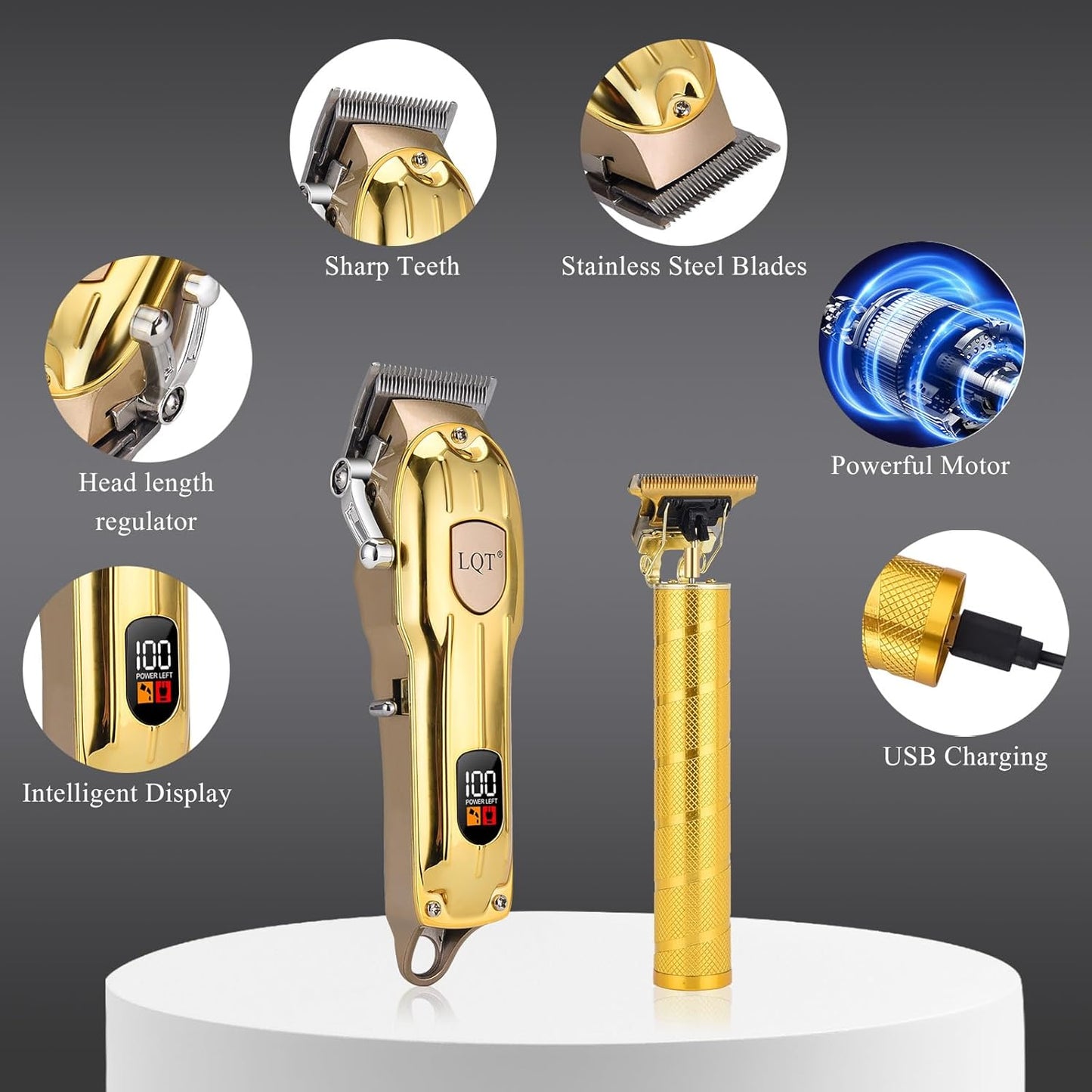 Professional Hair Clipper Set - Gold LED Display with Trimmer & 8 Guide Combs | Travel Case Included