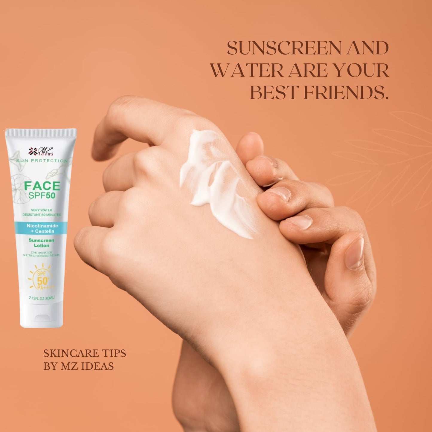 MZ Ideas Face Sunscreen SPF 50 PA+++,Very Water Resistant 80 Minutes, with Niacinamide, Centella, 72H Hydration for sensative skin, 2.12 fl oz
