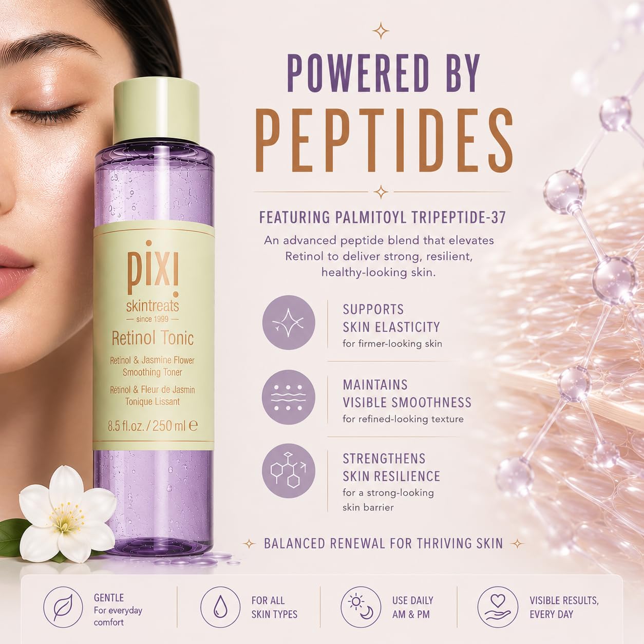 Pixi Retinol Tonic, Smoothing & Firming Facial Toner | Oil Control | Enhanced with Peptides to Boost Collagen Production | Alcohol-Free Daily Rejuvenating Toner, 250 ml / 8.5 fl oz