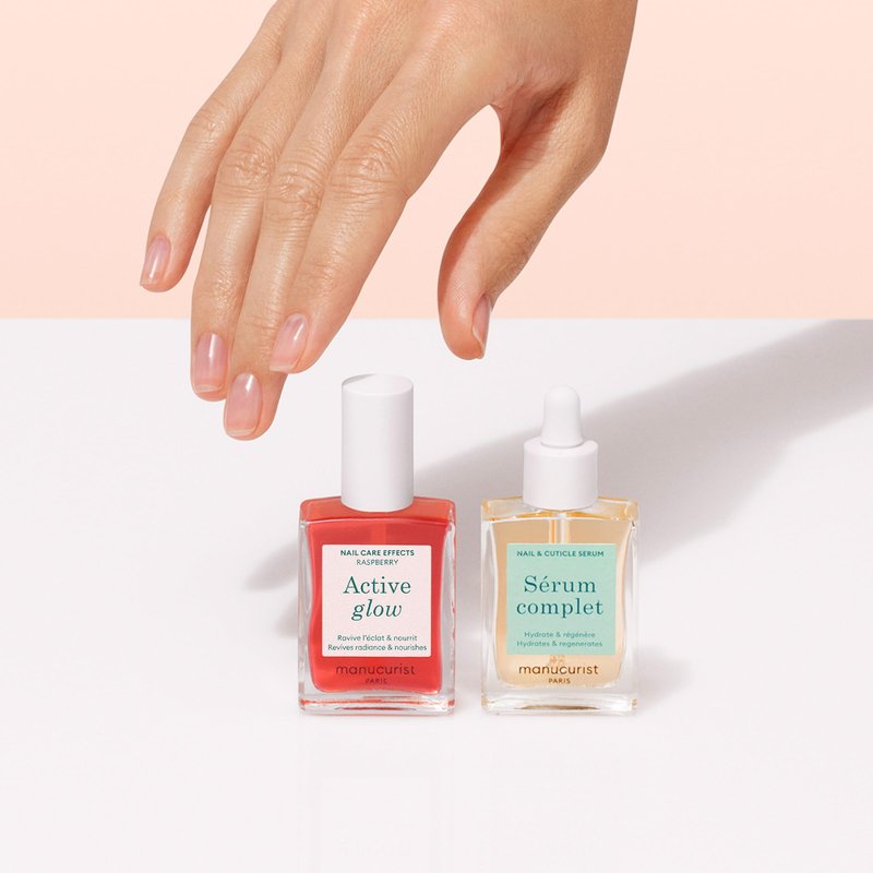 Manucurist Healthy Glow Duo - Active Glow Raspberry (Pink) Repairing Nail Polish Care & Complete Nail & Cuticle Serum - 2 in 1 Nail Strengthener Polish - Plant-Based Formula - Beauty Gift for Women