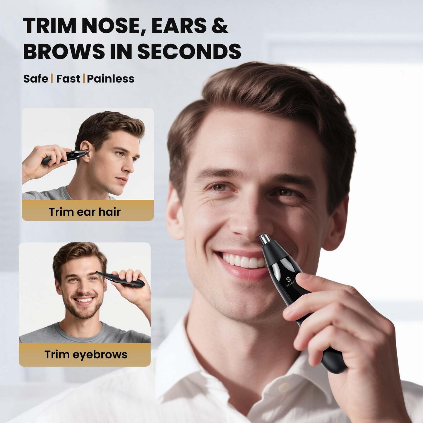 Selouj Ear and Nose Hair Trimmer for Men, 2026 Professional Painless USB Rechargeable Eyebrow & Facial Electric Hair Trimmer for Men Women, Powerful Motor, Dual Edge Blades, IPX7 Waterproof, Cool Gray
