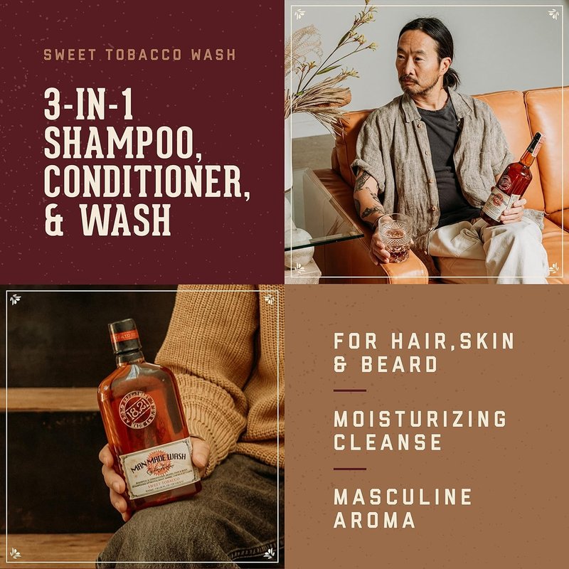 18.21 Man Made Sweet Tobacco Wash & Spiced Vanilla 3-in-1, 18 oz Wash 2-Set Bundle, All Hair & Skin Types for Men, Strengthens and Moisturizes in a Manly Aroma