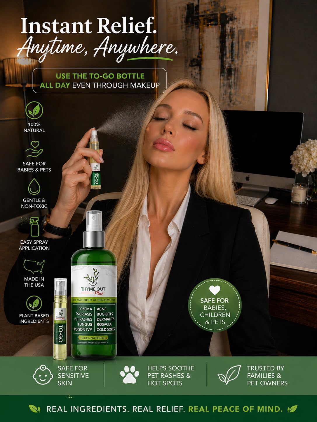 Thyme Out Plus Natural Skin Relief Spray for Eczema, Acne, Bug Bites & Irritated Skin – Safe for Babies, Kids & Pets – Gentle Non-Toxic Face & Body Mist with Organic Thyme + Oat Support