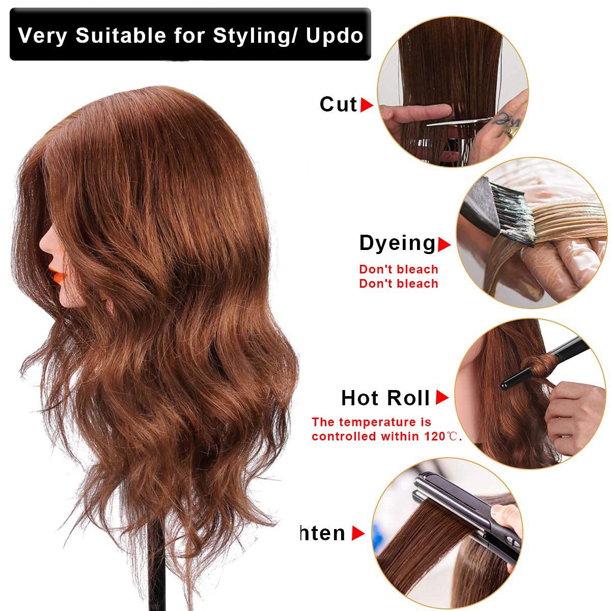 18'' Mannequin Head with Human Hair Cosmetology Manikin Doll Head with 100% Real Human Hair for Braiding Hairdresser Practice Styling with Free Table Clamp Stand