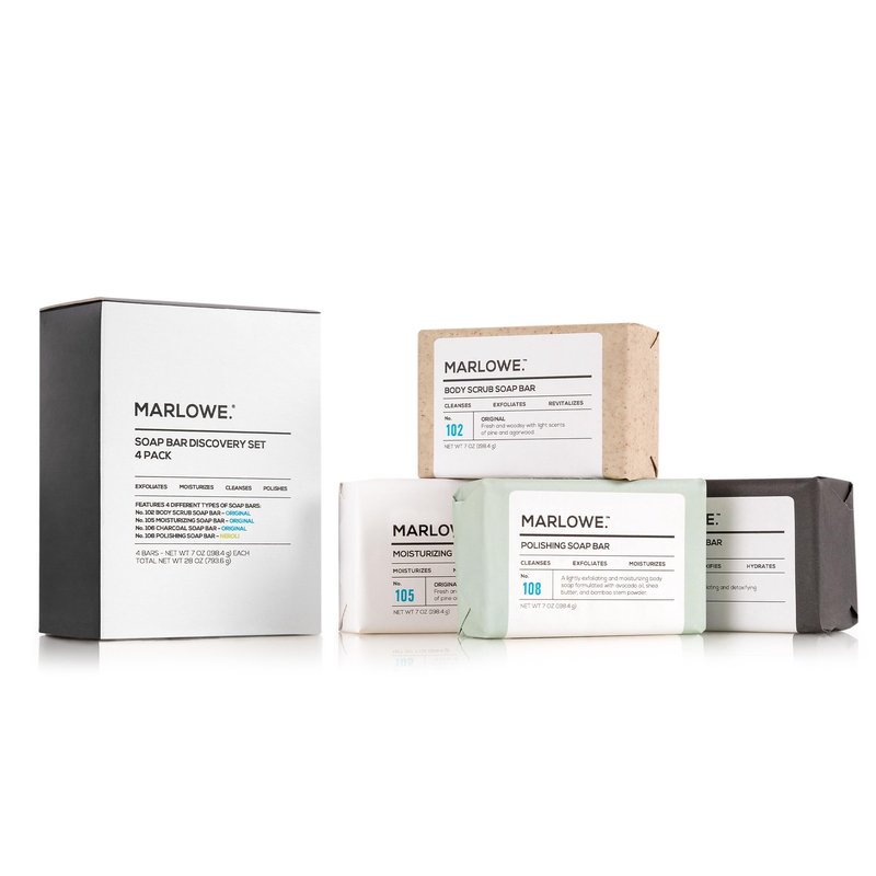 MARLOWE. Soap Discovery Gift Set, Mens Skin Care Variety Selection of Exfoliating Body Scrub, Charcoal, Moisturizing & Polishing Body Bar Soaps for Men, 4 Pack