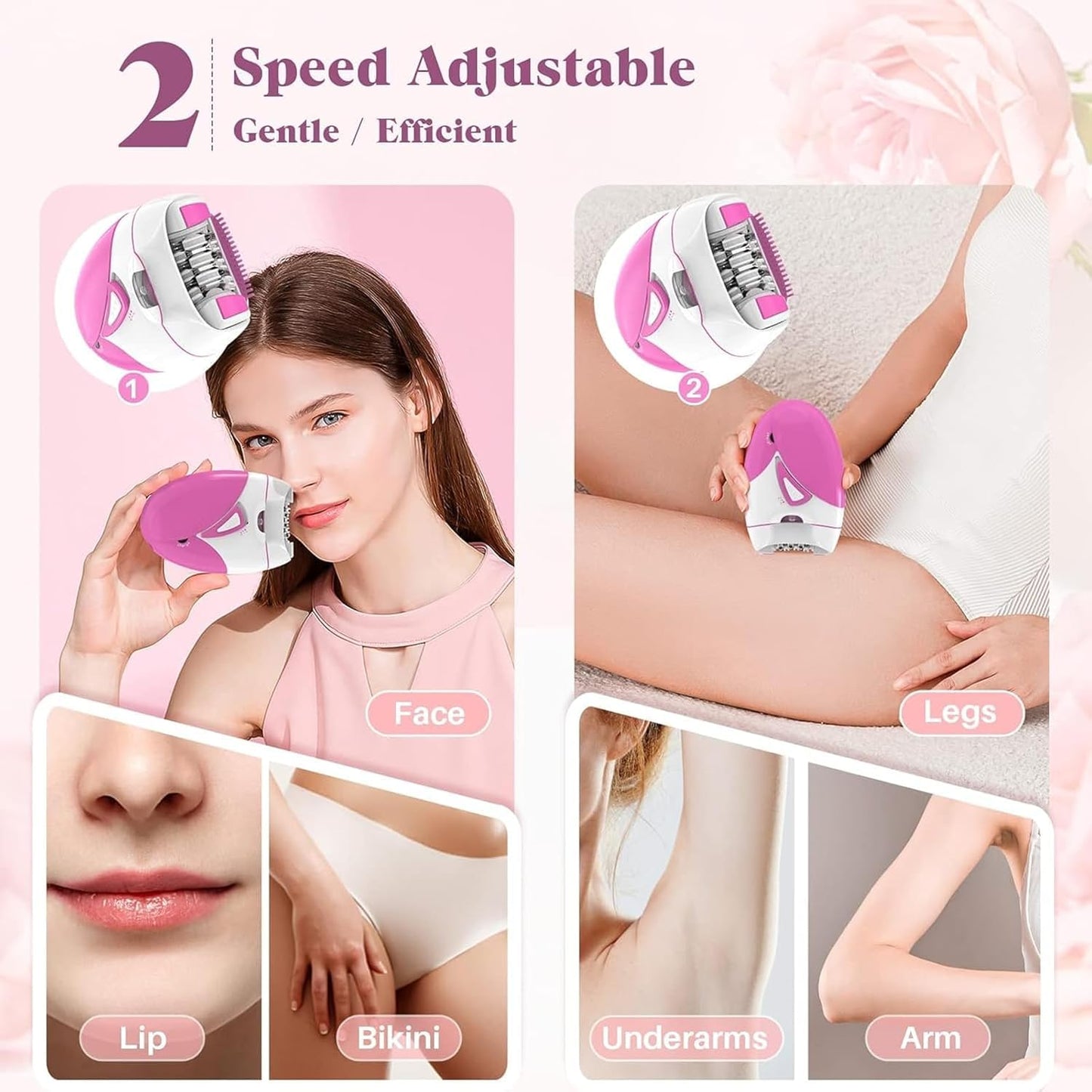 Epilator for Women, Smooth Glide Epilator Facial Hair Remover for Women with 2 Speed & LED Light, Electric Epilator for Women Facial Hair Removal Suitable for Face, Bikini Areas, Underarms, Arms, Legs