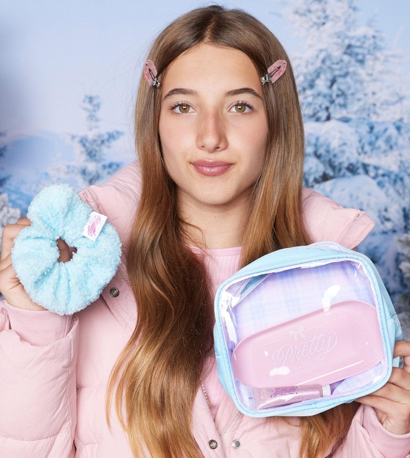 Petite N Pretty All in One Makeup Set for Kids, Tweens and Teens – Pink Mesh Bag with Lip Gloss Keychain, Hair Ties, Nail Decals, Headband, Heart Mirror, Nail File, Comb – Perfect Travel Kit & Gift