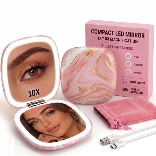 NJ GLAM Lighted Makeup Compact Mirror, 3.9 Inch – 1x/10x Magnification Portable, LED – Auto Light On/Off - USB Charging, (Blush Marble)