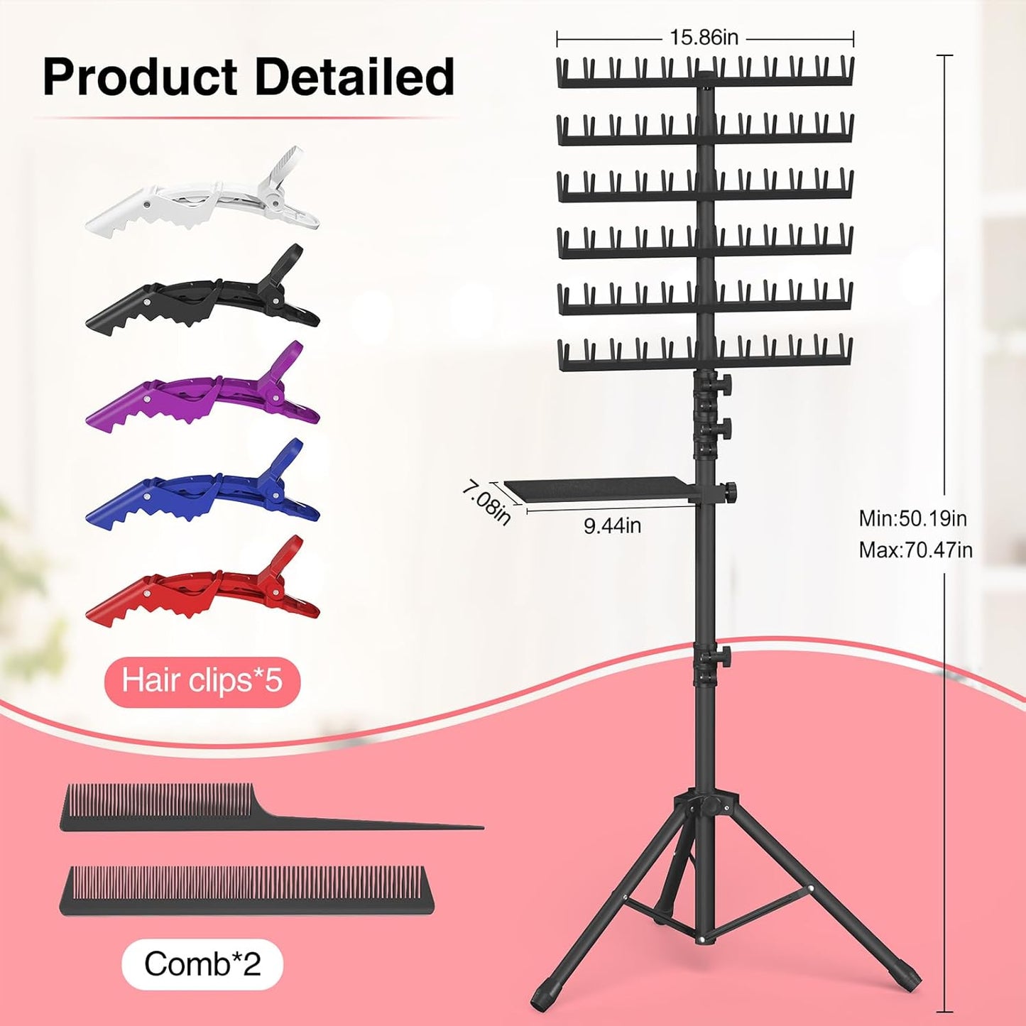 Braiding Hair Rack Stand - Heavy Duty 2-Sided Holder with 144 Pegs | Adjustable Height & Storage Bag