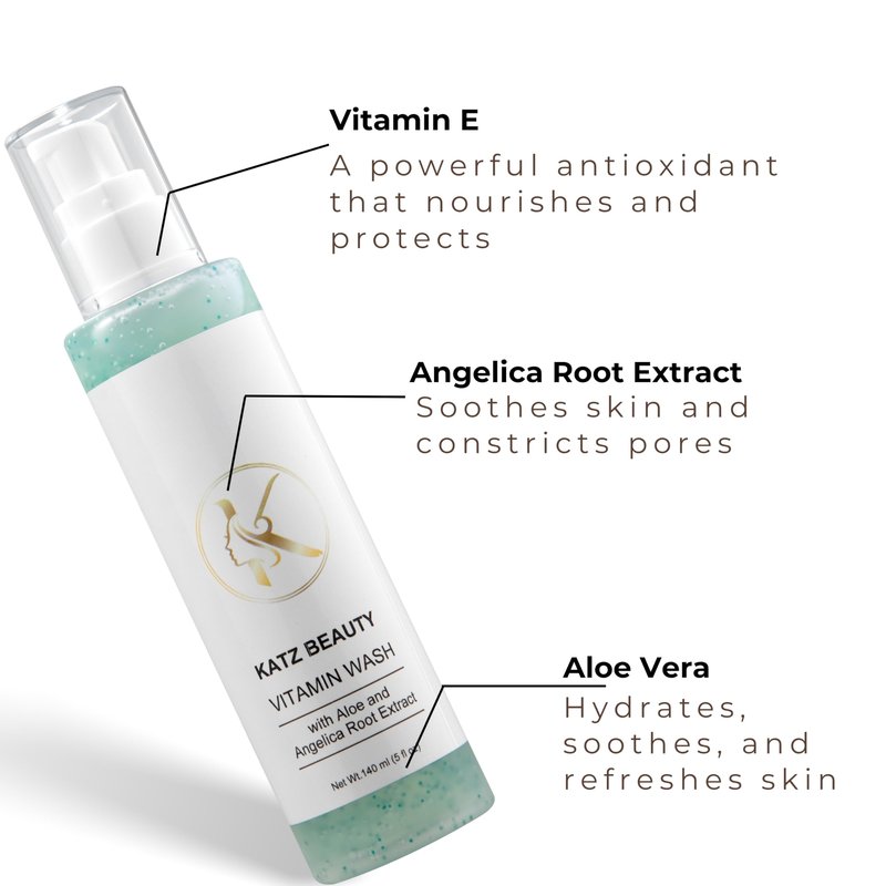 Katz Beauty Vitamin Wash, 5 fl oz - Gentle Face Cleanser with Aloe, Angelica Root & Vitamin E for Sensitive, Oily & Dry Skin, Travel-Size Hydrating Wash