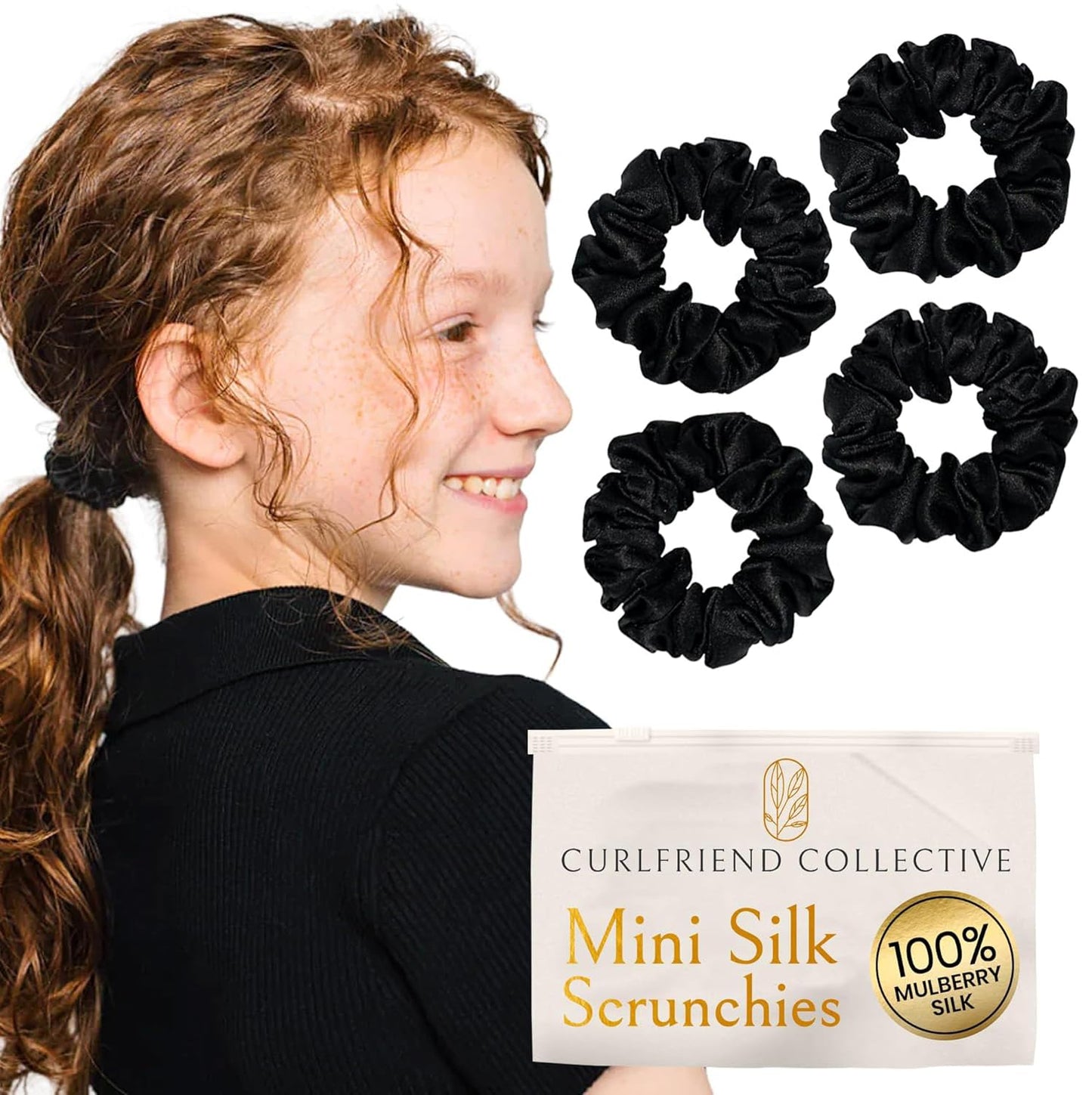 Mini Mulberry Silk Scrunchies for Women & Kids - Anti-Breakage Hair Ties for Fine, Curly & Thin Hair | Onyx Black (4 Pack)
