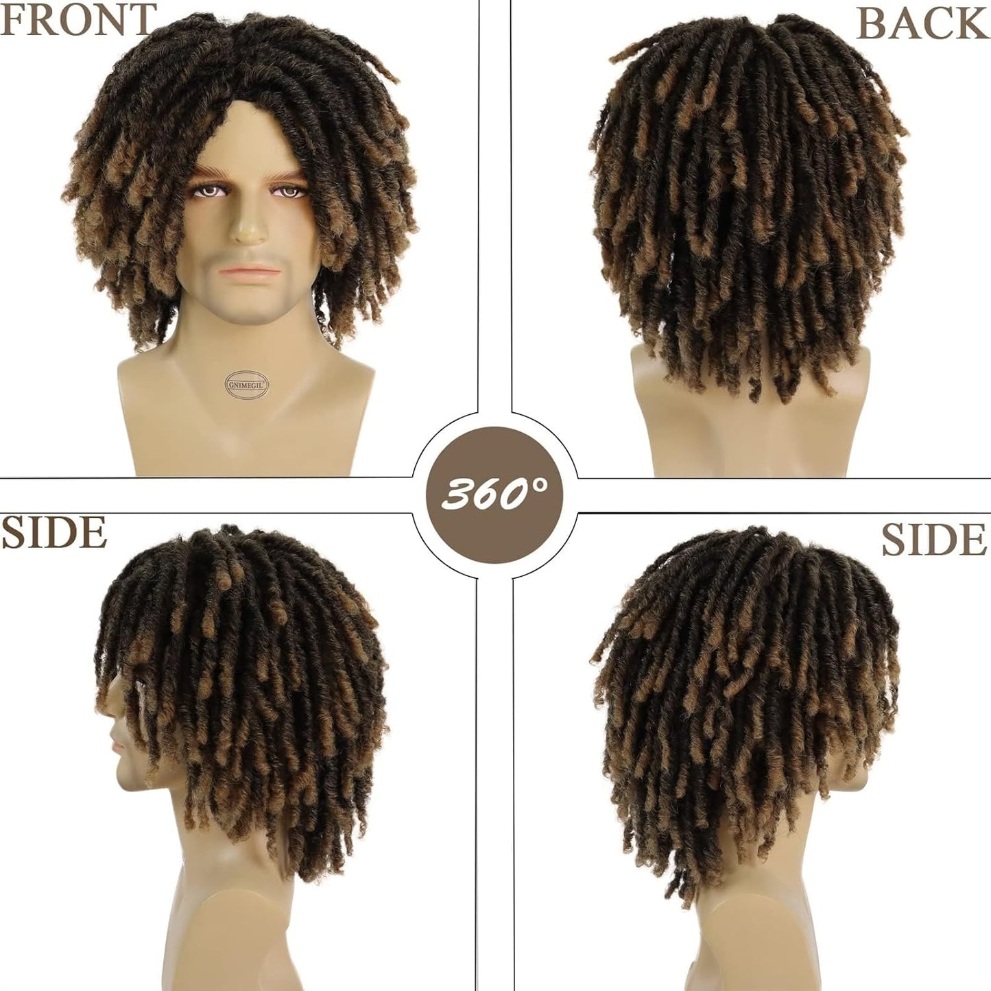 **14 Inch Short Dreadlocks Wig for Men - Ombre Light Brown Afro Bob | Natural Synthetic Hair, Breathable Cap**