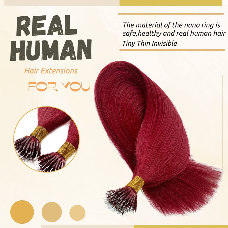 #99J Nano Tip Hair Extensions Human Hair for Women,Burgundy Nano Ring Hair Extensions 18 Inch Color #99J Wine Red Hair Extension 100% Natural Human Hair Extensions 50g/50s