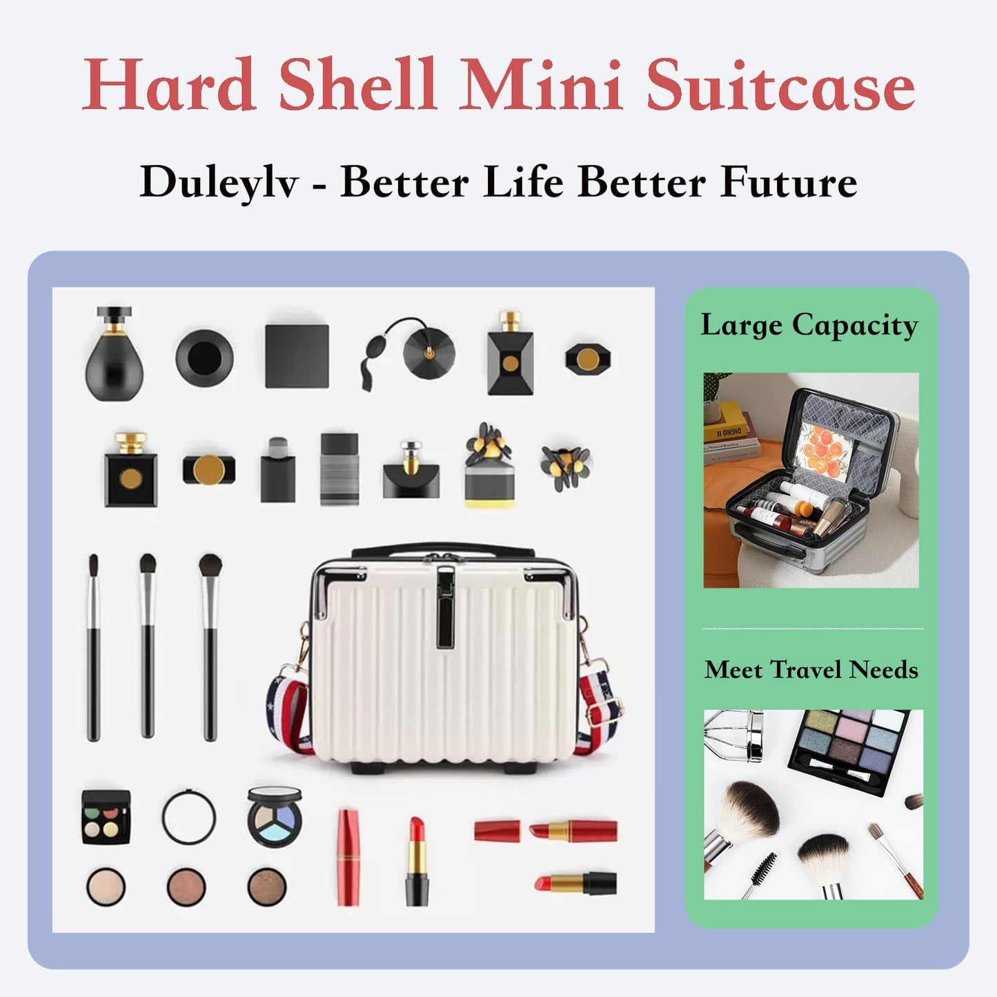 Duleylv Mini Suitcase Hard Shell Makeup Case Stress-Resistant ABS Hard Makeup Travel Case Portable Hand Luggage with Shoulder Strap for Travel Camping Home Organizer Black