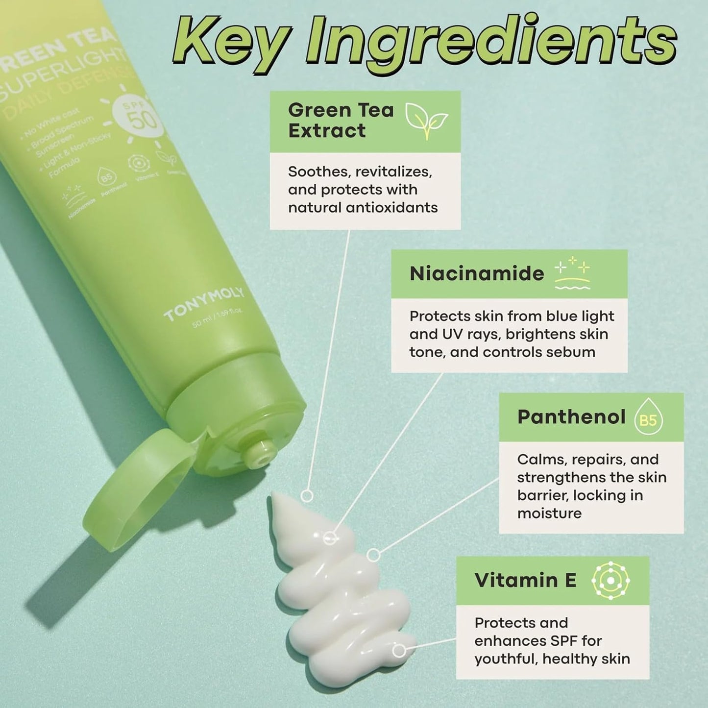 TONYMOLY Green Tea Sunscreen SPF 50 & Foam Cleanser Bundle - 50ml & 1 Count for Radiant Skin