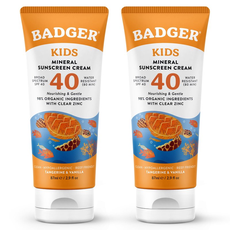Badger Kids Mineral Sunscreen Cream SPF 40, 98% Organic Ingredients, Zinc Oxide Sunscreen for Kids Face & Body, Water Resistant, Reef Friendly, Hawaii Approved Sunblock, 2.9 fl oz, 2-Pack