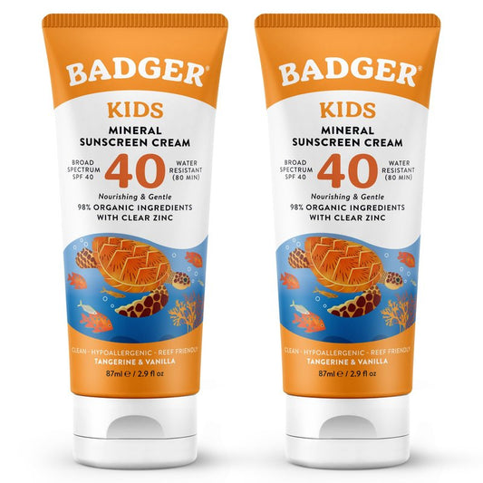 Badger Kids Mineral Sunscreen Cream SPF 40, 98% Organic Ingredients, Zinc Oxide Sunscreen for Kids Face & Body, Water Resistant, Reef Friendly, Hawaii Approved Sunblock, 2.9 fl oz, 2-Pack