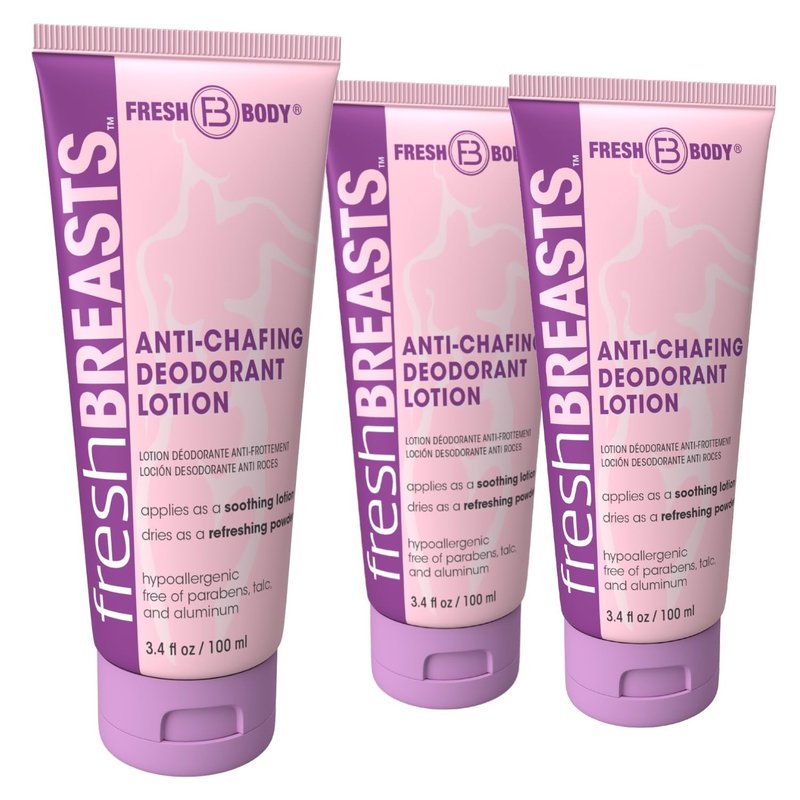 Fresh BREASTS Cream Anti Chafing Deodorant Lotion to Powder, 3.4oz (3 Pack) Anti Chafe Whole Body Deodorant for Women, Inner Thighs & Areas that Sweat - No Talc, Aluminum or Fragrance