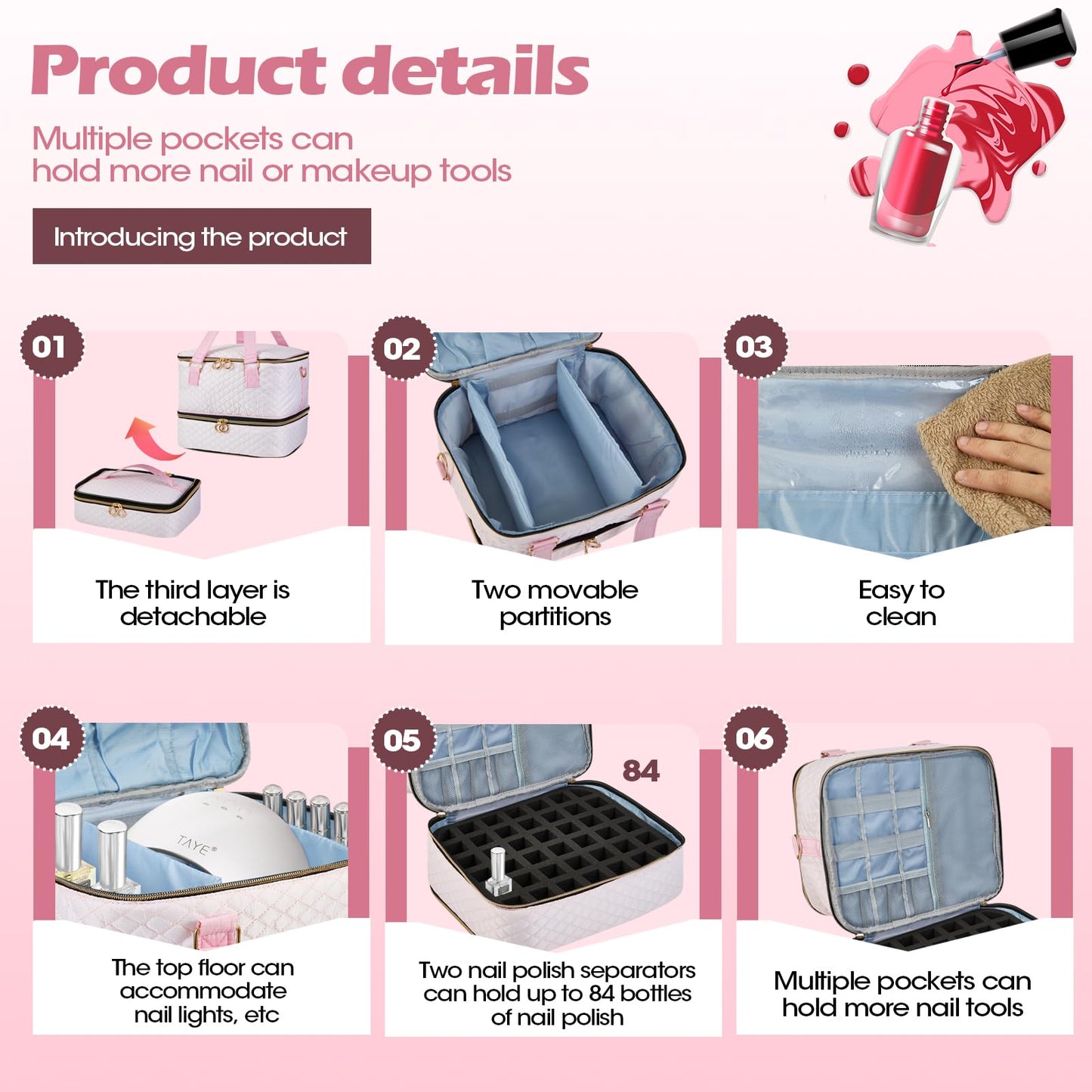 Cheungren Nail Polish Organizer Case - Three Layer Nail kit Storage Bag with Adjustable Dividers Holds 84 Bottles Nail Polish Nail Lamp Nail Kit Supplies Organizer Box - Pink