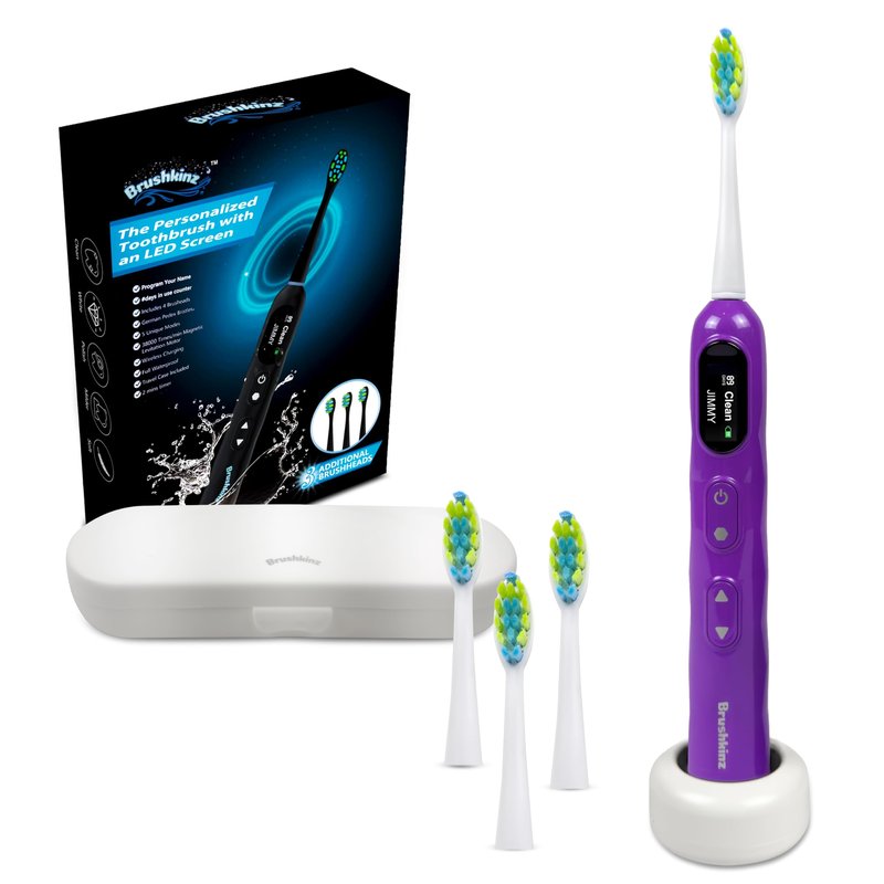 BRUSHKINZ Electric Toothbrush for Adults, Battery Operated Rechargeable Sonic Toothbrush, Travel Tooth Brush Set with 4 Replacement Toothbrush Heads & Case, Wireless Charging Lasts 90 Days, Purple