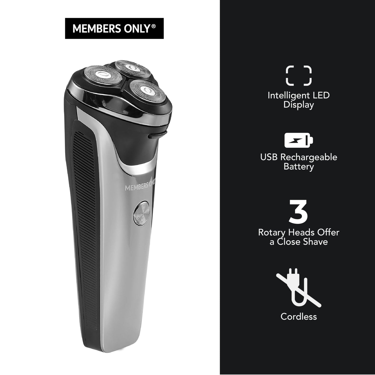 Members Only Foil Shaver, Lithium Metallic Cordless 2 Blade Electric Shaver, Precision Contouring, Pop-up Trimmer, LED Display, Waterproof Design (IPX6), USB Rechargeable