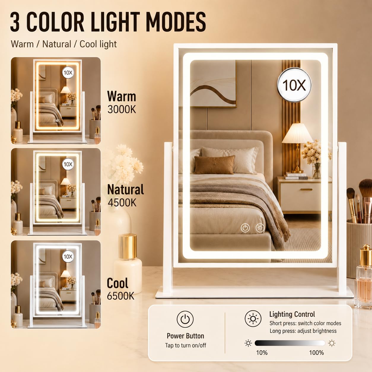 BRIGHTINWD Vanity Mirror with Lights - 13.78"× 10.23" Adjustable Lighted Makeup Mirror for Desk, Detachable 10X Magnification Mirror, Touch Sensor, Desk Mirror for Bedroom & Dressing Room (White)