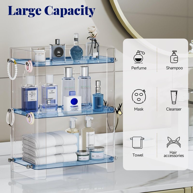 Delamu Bathroom Countertop Organizer, 3 Tier Adjustable Corner Makeup & Skincare Organizer with Protective Guard Rail, Transparent Design for Vanity, Bathroom Counter, Ideal for Girls